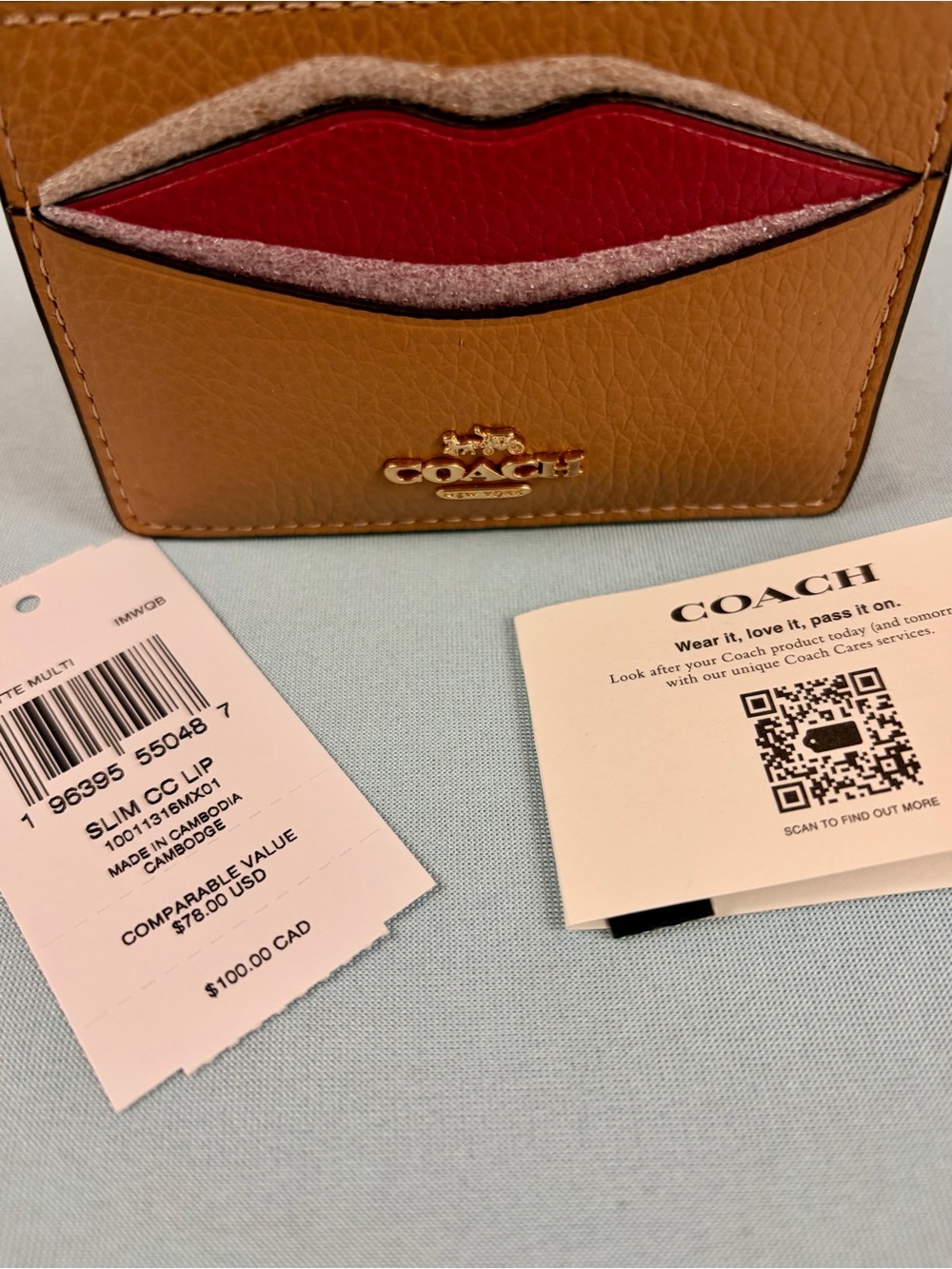 Coach Tan Leather Card Case with Red Lip Accent